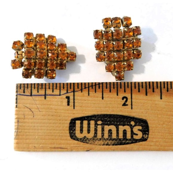 Vintage Amber Rhinestone Necklace 15 Inch Matching Clip Earrings Gold Plated - Picture 8 of 10